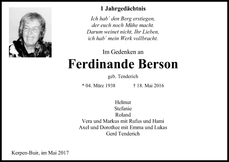  Traueranzeige für Ferdinande Berson vom 27.05.2017 aus Kölner Stadt-Anzeiger / Kölnische Rundschau / Express