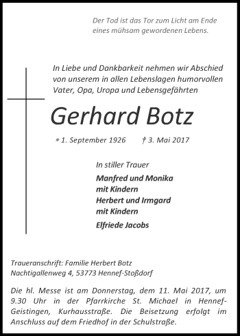 Anzeige von Gerhard Botz von Kölner Stadt-Anzeiger / Kölnische Rundschau / Express