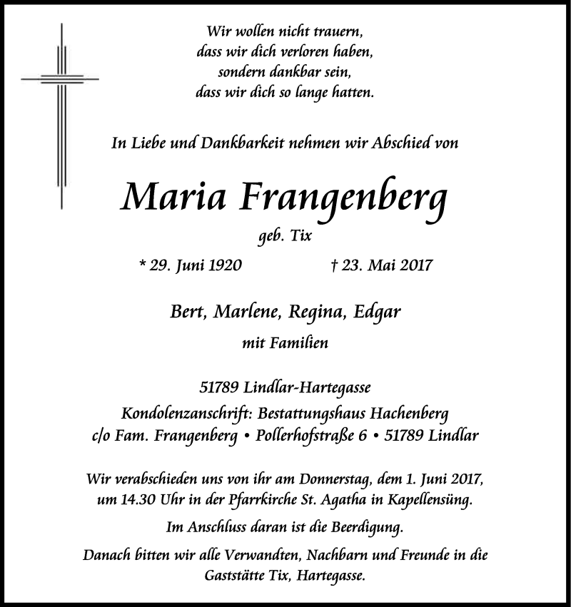  Traueranzeige für Maria Frangenberg vom 27.05.2017 aus Kölner Stadt-Anzeiger / Kölnische Rundschau / Express