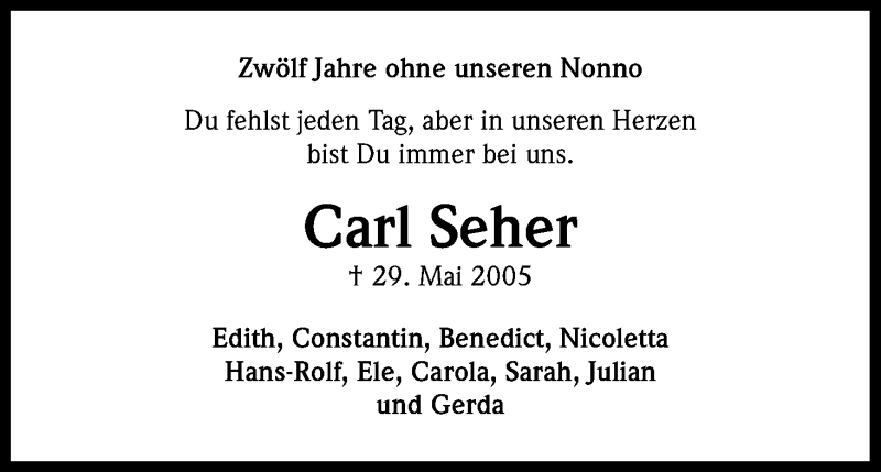  Traueranzeige für Carl Seher vom 18.07.2023 aus Kölner Stadt-Anzeiger / Kölnische Rundschau / Express