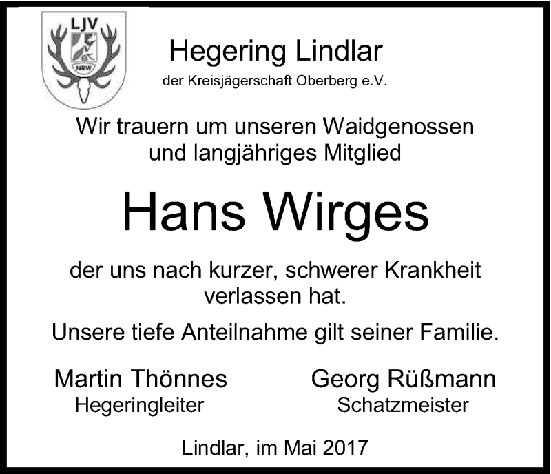  Traueranzeige für Hans Wirges vom 13.05.2017 aus Kölner Stadt-Anzeiger / Kölnische Rundschau / Express