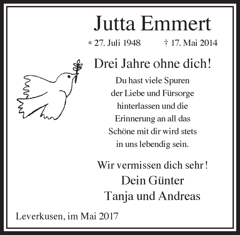  Traueranzeige für Jutta Emmert vom 17.05.2017 aus  Lokale Informationen 