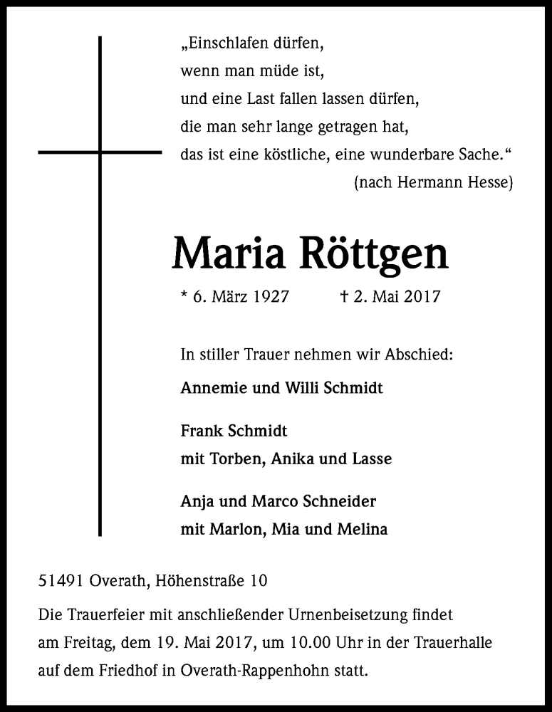  Traueranzeige für Maria Röttgen vom 06.05.2017 aus Kölner Stadt-Anzeiger / Kölnische Rundschau / Express