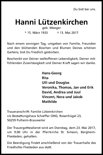 Anzeige von Hanni Lützenkirchen von Kölner Stadt-Anzeiger / Kölnische Rundschau / Express