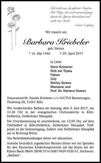 Anzeige von Barbara Kriebeler von Kölner Stadt-Anzeiger / Kölnische Rundschau / Express