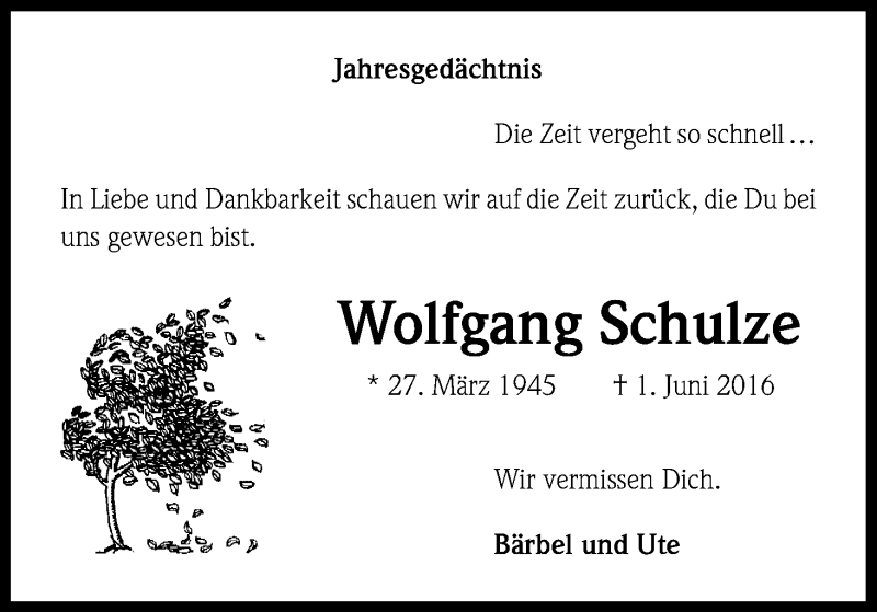  Traueranzeige für Wolfgang Schulze vom 01.06.2017 aus Kölner Stadt-Anzeiger / Kölnische Rundschau / Express