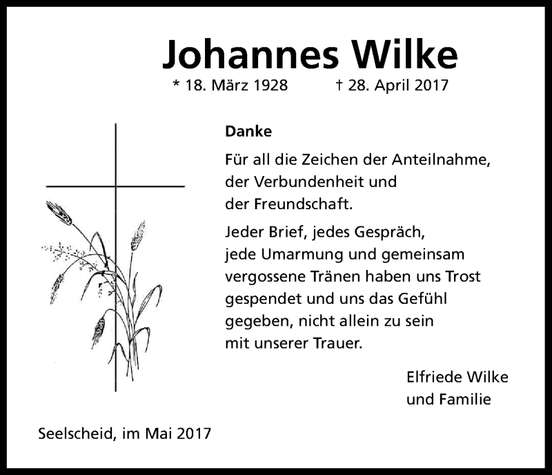  Traueranzeige für Johannes Wilke vom 27.05.2017 aus Kölner Stadt-Anzeiger / Kölnische Rundschau / Express