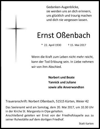 Anzeige von Ernst Oßenbach von Kölner Stadt-Anzeiger / Kölnische Rundschau / Express