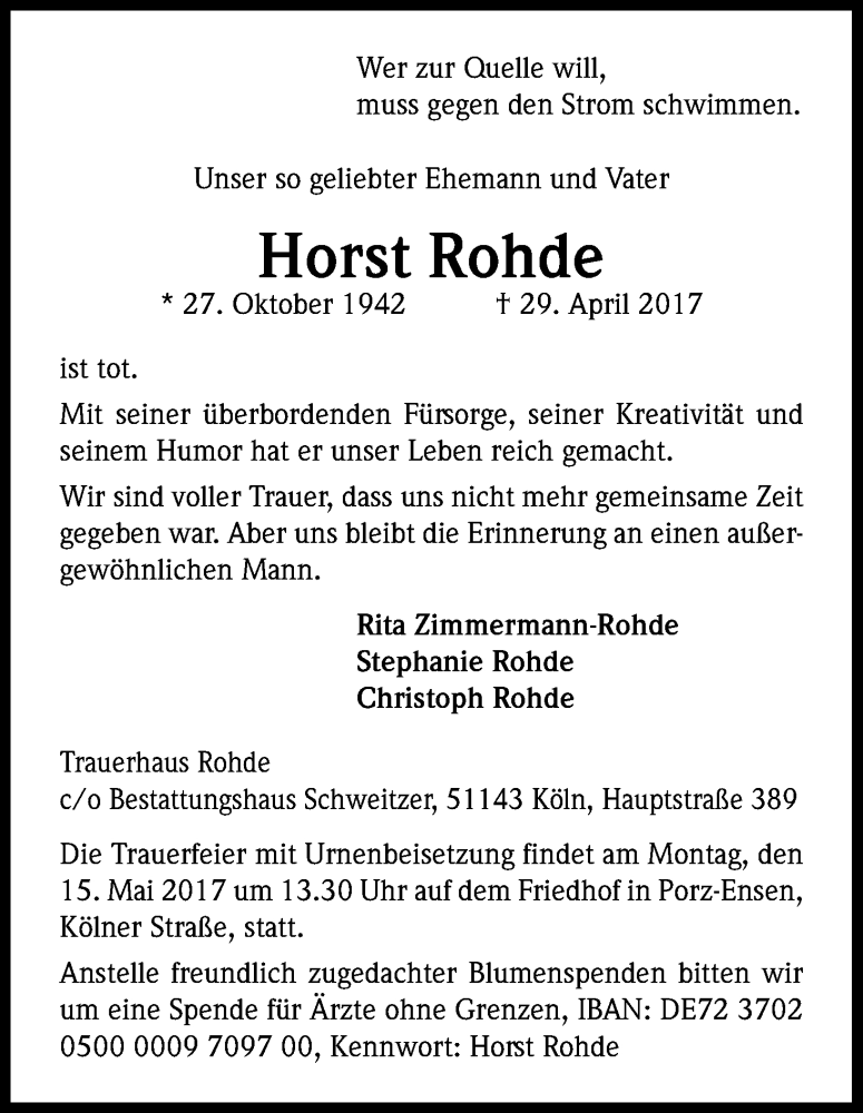  Traueranzeige für Horst Rohde vom 06.05.2017 aus Kölner Stadt-Anzeiger / Kölnische Rundschau / Express