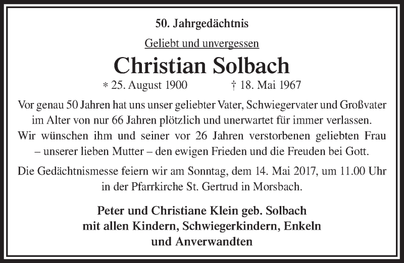  Traueranzeige für Christian Solbach vom 10.05.2017 aus  Lokalanzeiger 