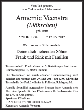 Anzeige von Annemie Veenstra von  Sonntags-Post 