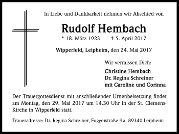Anzeige von Rudolf Hembach von Kölner Stadt-Anzeiger / Kölnische Rundschau / Express