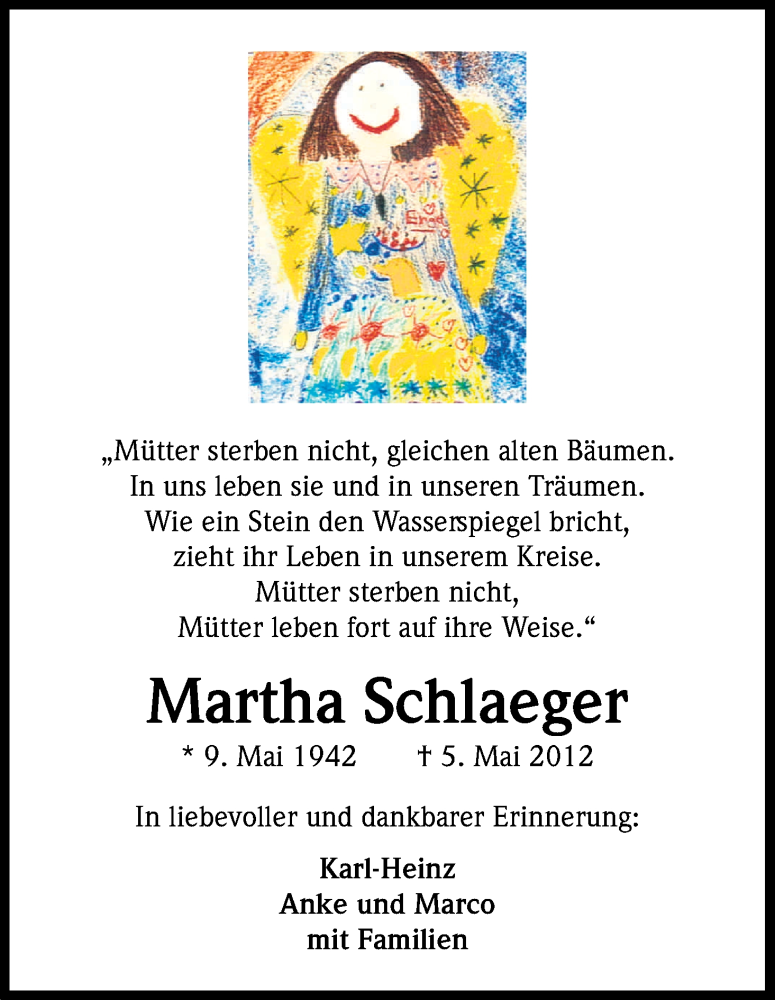  Traueranzeige für Martha Schlaeger vom 09.05.2017 aus Kölner Stadt-Anzeiger / Kölnische Rundschau / Express