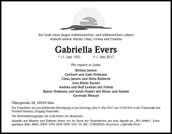 Anzeige von Gabriella Evers von Kölner Stadt-Anzeiger / Kölnische Rundschau / Express