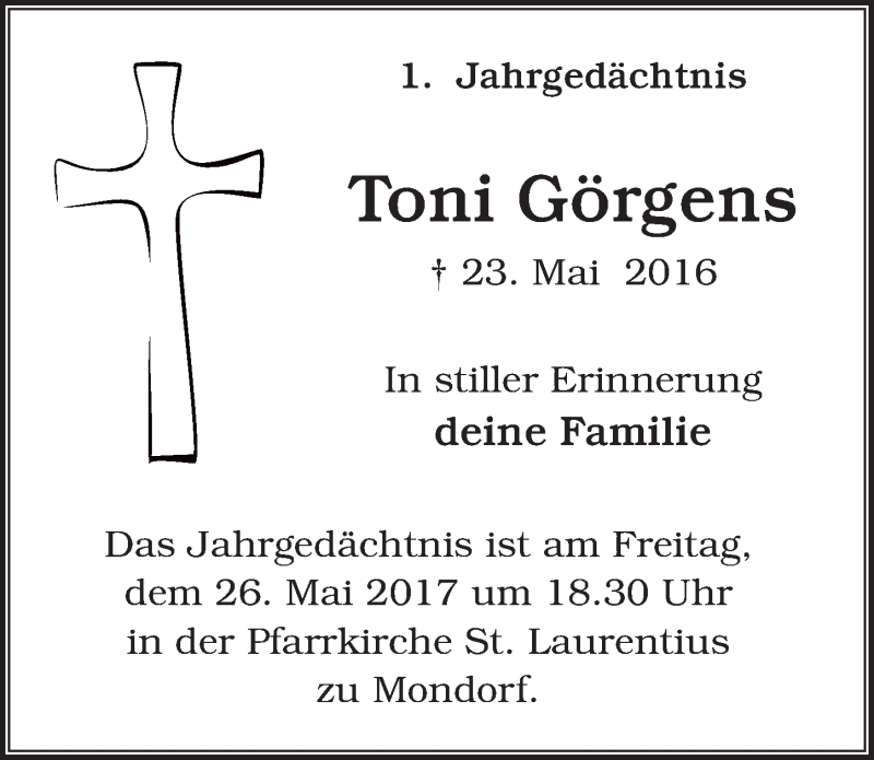  Traueranzeige für Toni Görgens vom 24.05.2017 aus  Extra Blatt 