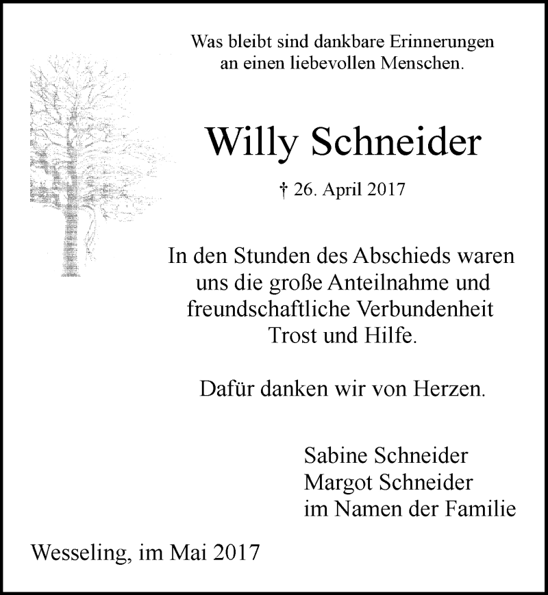  Traueranzeige für Willy Schneider vom 24.05.2017 aus  Kölner Wochenspiegel  Schlossbote/Werbekurier 