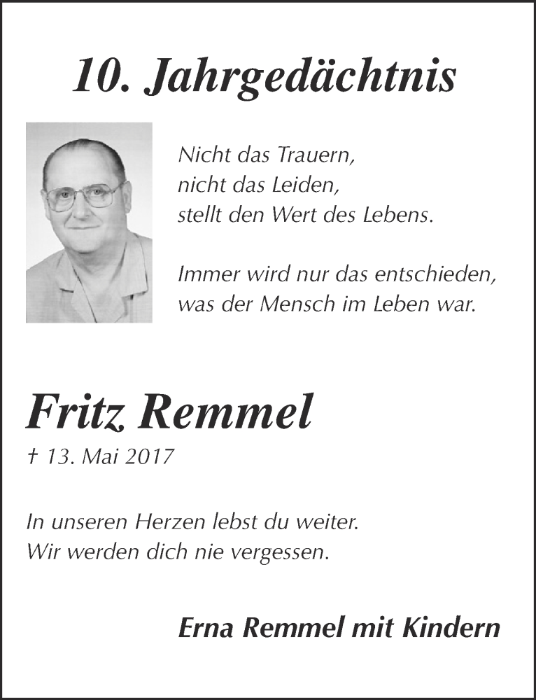  Traueranzeige für Fritz Remmel vom 10.05.2017 aus  Kölner Wochenspiegel 