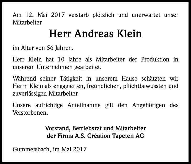  Traueranzeige für Andreas Klein vom 20.05.2017 aus Kölner Stadt-Anzeiger / Kölnische Rundschau / Express