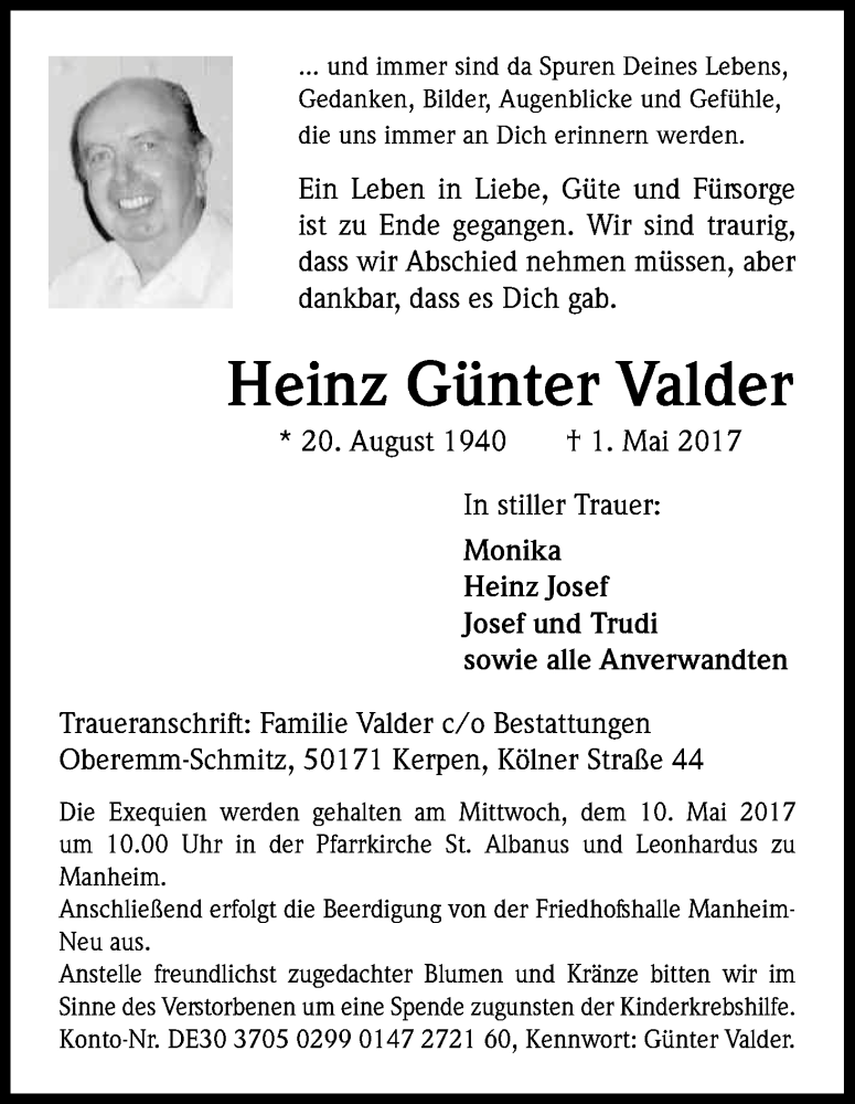  Traueranzeige für Heinz Günter Valder vom 06.05.2017 aus Kölner Stadt-Anzeiger / Kölnische Rundschau / Express