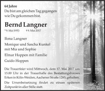 Anzeige von Bernd Langner von  Sonntags-Post 