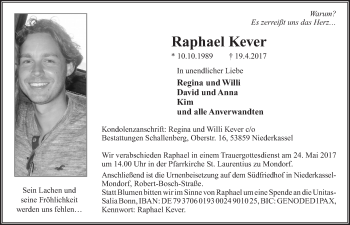 Anzeige von Raphael Kever von  Extra Blatt 