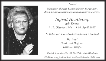 Anzeige von Ingrid Heidkamp von  Bergisches Handelsblatt 