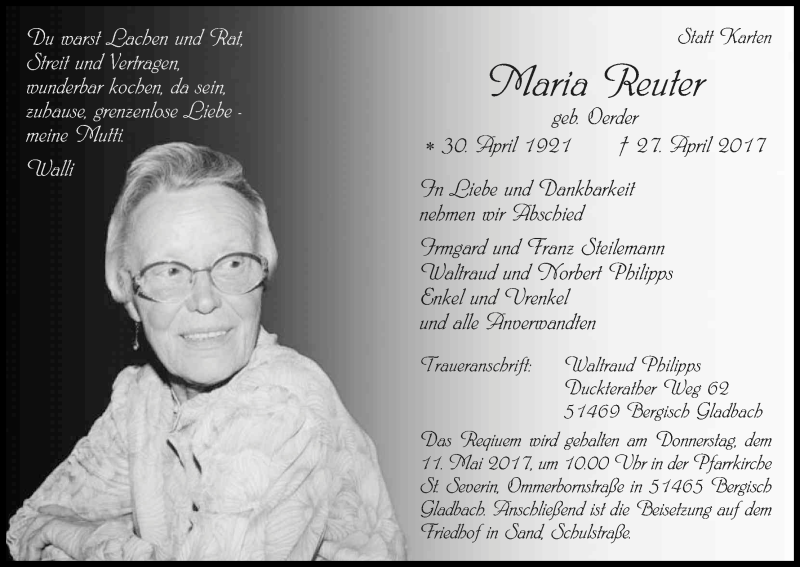  Traueranzeige für Maria Reuter vom 04.05.2017 aus Kölner Stadt-Anzeiger / Kölnische Rundschau / Express