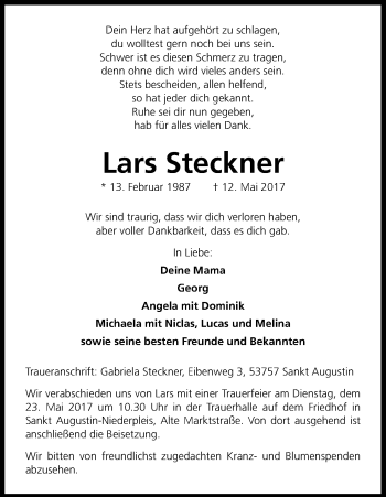 Anzeige von Lars Steckner von Kölner Stadt-Anzeiger / Kölnische Rundschau / Express