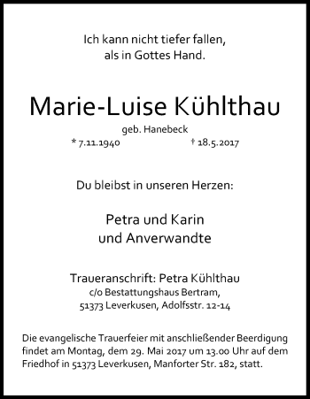 Anzeige von Marie-Luise Kühlthau von Kölner Stadt-Anzeiger / Kölnische Rundschau / Express
