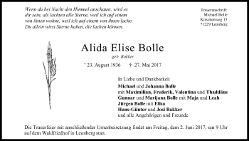 Anzeige von Alida Elise Bolle von Kölner Stadt-Anzeiger / Kölnische Rundschau / Express