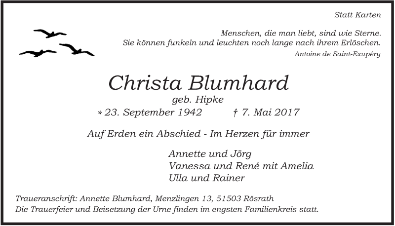  Traueranzeige für Christa Blumhard vom 13.05.2017 aus  Bergisches Sonntagsblatt 