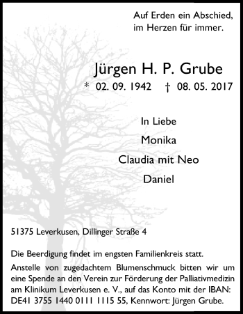 Anzeige von Jürgen H. P. Grube von Kölner Stadt-Anzeiger / Kölnische Rundschau / Express