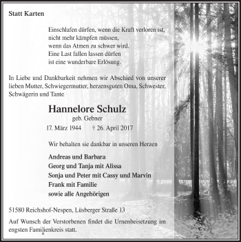 Anzeige von Hannelore Schulz von  Lokalanzeiger 