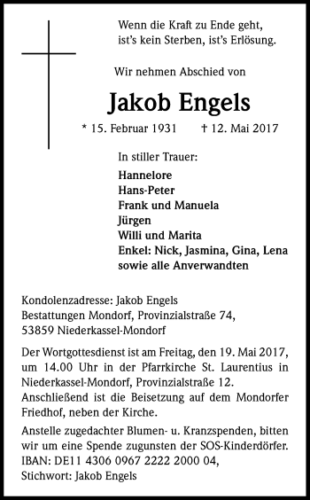 Anzeige von Jakob Engels von Kölner Stadt-Anzeiger / Kölnische Rundschau / Express