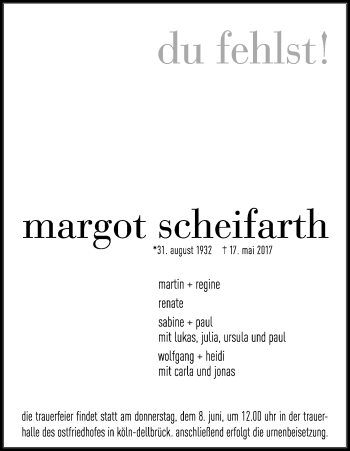 Anzeige von Margot Scheifarth von Kölner Stadt-Anzeiger / Kölnische Rundschau / Express