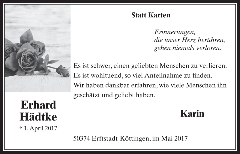  Traueranzeige für Erhard Hädtke vom 24.05.2017 aus  Werbepost 