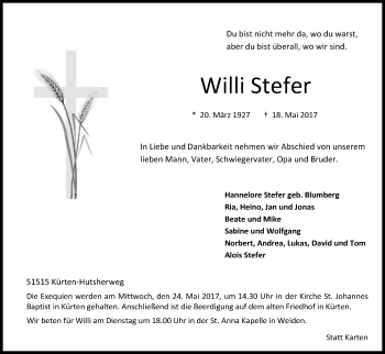 Anzeige von Willi Stefer von Kölner Stadt-Anzeiger / Kölnische Rundschau / Express