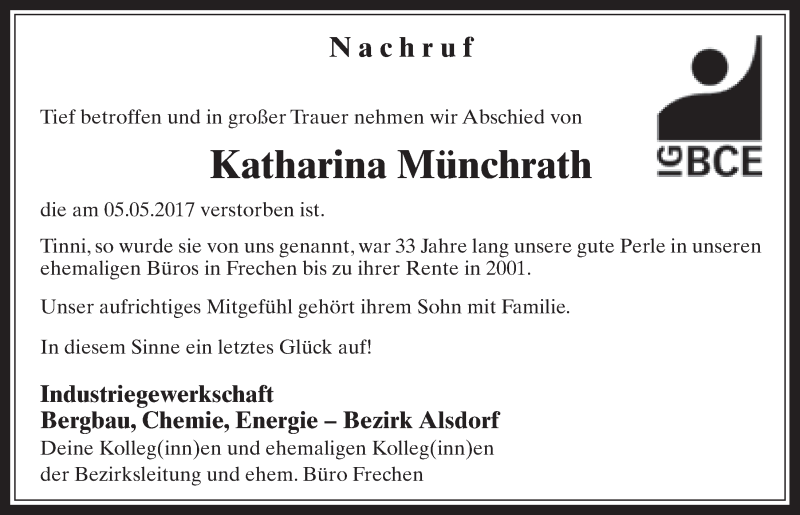  Traueranzeige für Katharina Münchrath vom 20.05.2017 aus  Sonntags-Post 