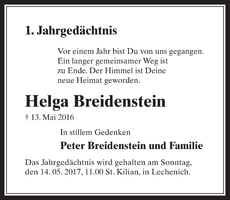  Traueranzeige für Helga Breidenstein vom 03.05.2017 aus  Werbepost 