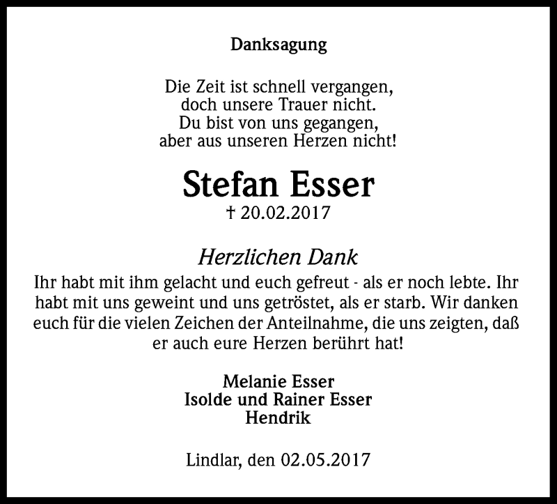  Traueranzeige für Stefan Esser vom 04.05.2017 aus Kölner Stadt-Anzeiger / Kölnische Rundschau / Express