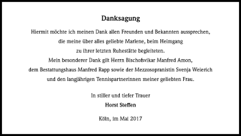 Anzeige von Marlene Steffen von Kölner Stadt-Anzeiger / Kölnische Rundschau / Express