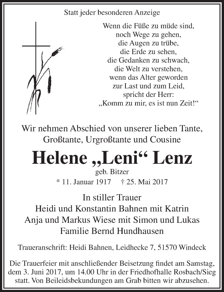  Traueranzeige für Helene Lenz vom 31.05.2017 aus  Lokalanzeiger 