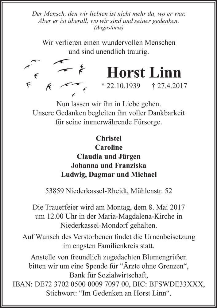 Traueranzeige für Horst Linn vom 03.05.2017 aus  Extra Blatt 