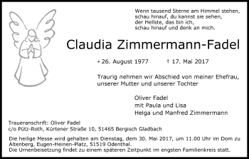 Anzeige von Claudia Zimmermann-Fadel von Kölner Stadt-Anzeiger / Kölnische Rundschau / Express