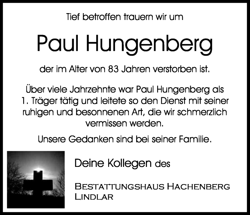  Traueranzeige für Paul Hungenberg vom 27.05.2017 aus Kölner Stadt-Anzeiger / Kölnische Rundschau / Express
