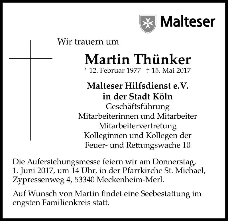  Traueranzeige für Martin Thünker vom 27.05.2017 aus Kölner Stadt-Anzeiger / Kölnische Rundschau / Express