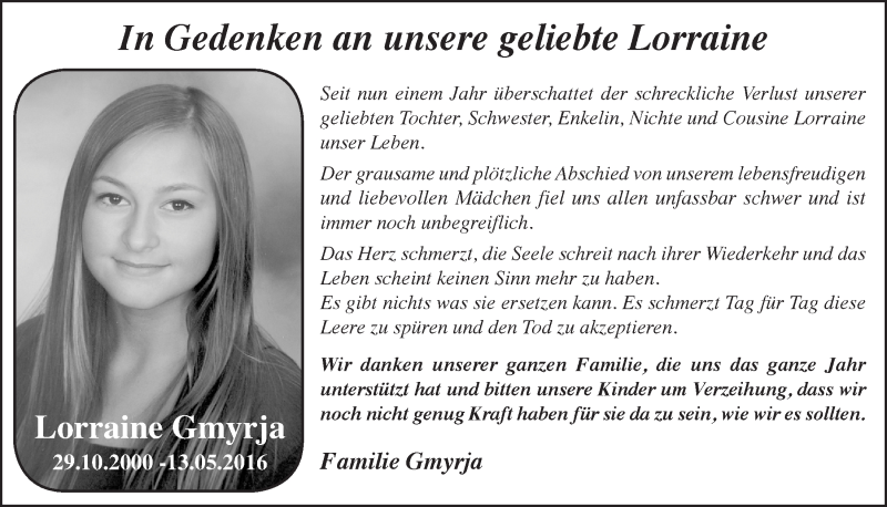  Traueranzeige für Lorraine Gmyrja vom 10.05.2017 aus  Lokalanzeiger 