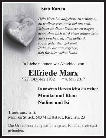 Anzeige von Elfriede Marx von  Werbepost 