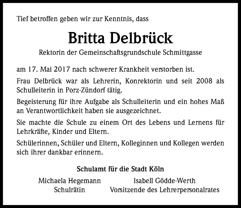  Traueranzeige für Britta Delbrück vom 23.05.2017 aus Kölner Stadt-Anzeiger / Kölnische Rundschau / Express