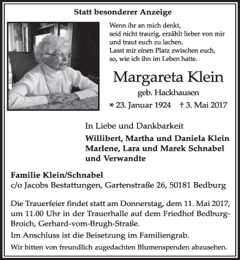 Anzeige von Margareta Klein von  Sonntags-Post 